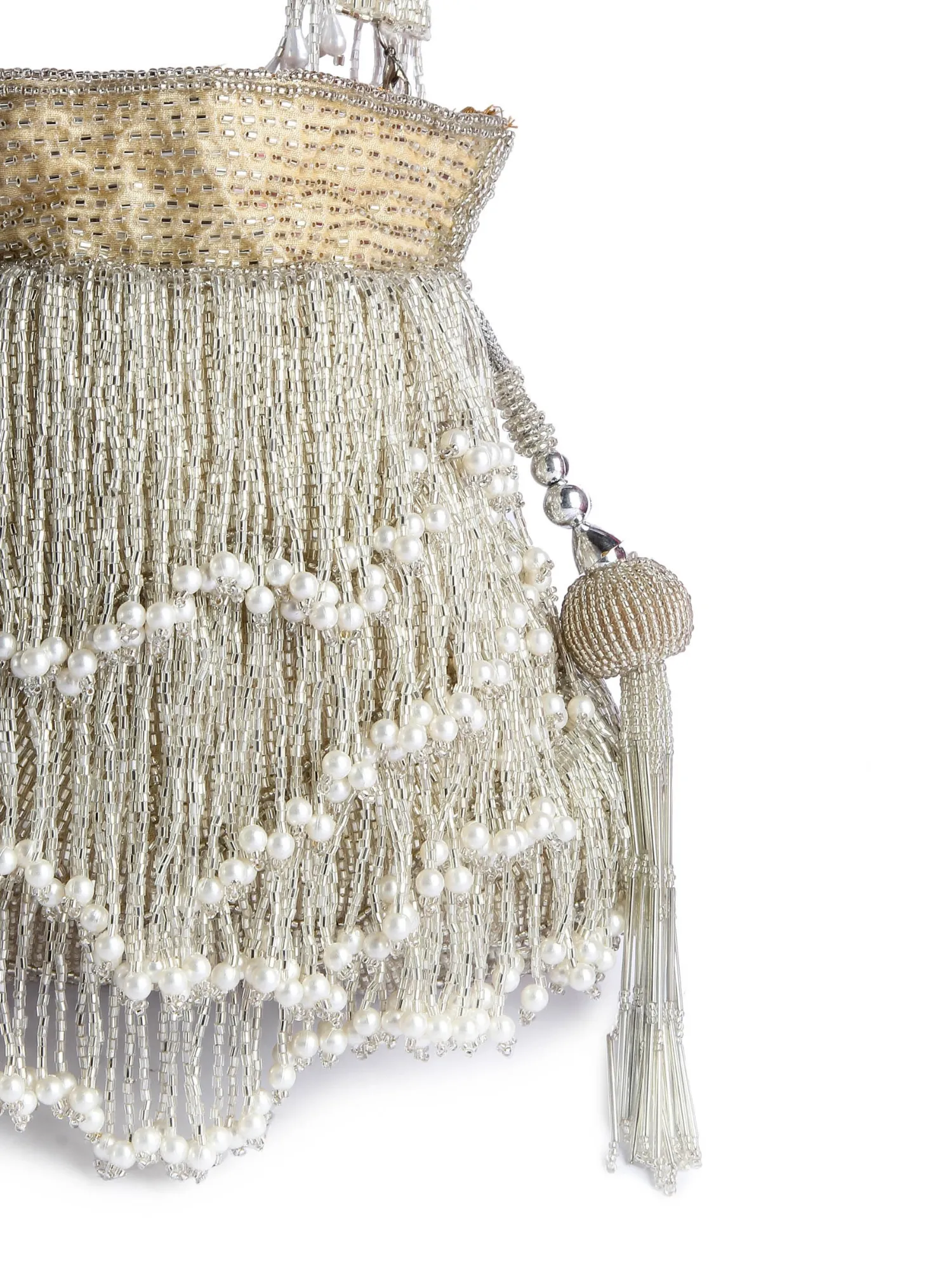 Silver Fringe Glam Potli (Beige Base)