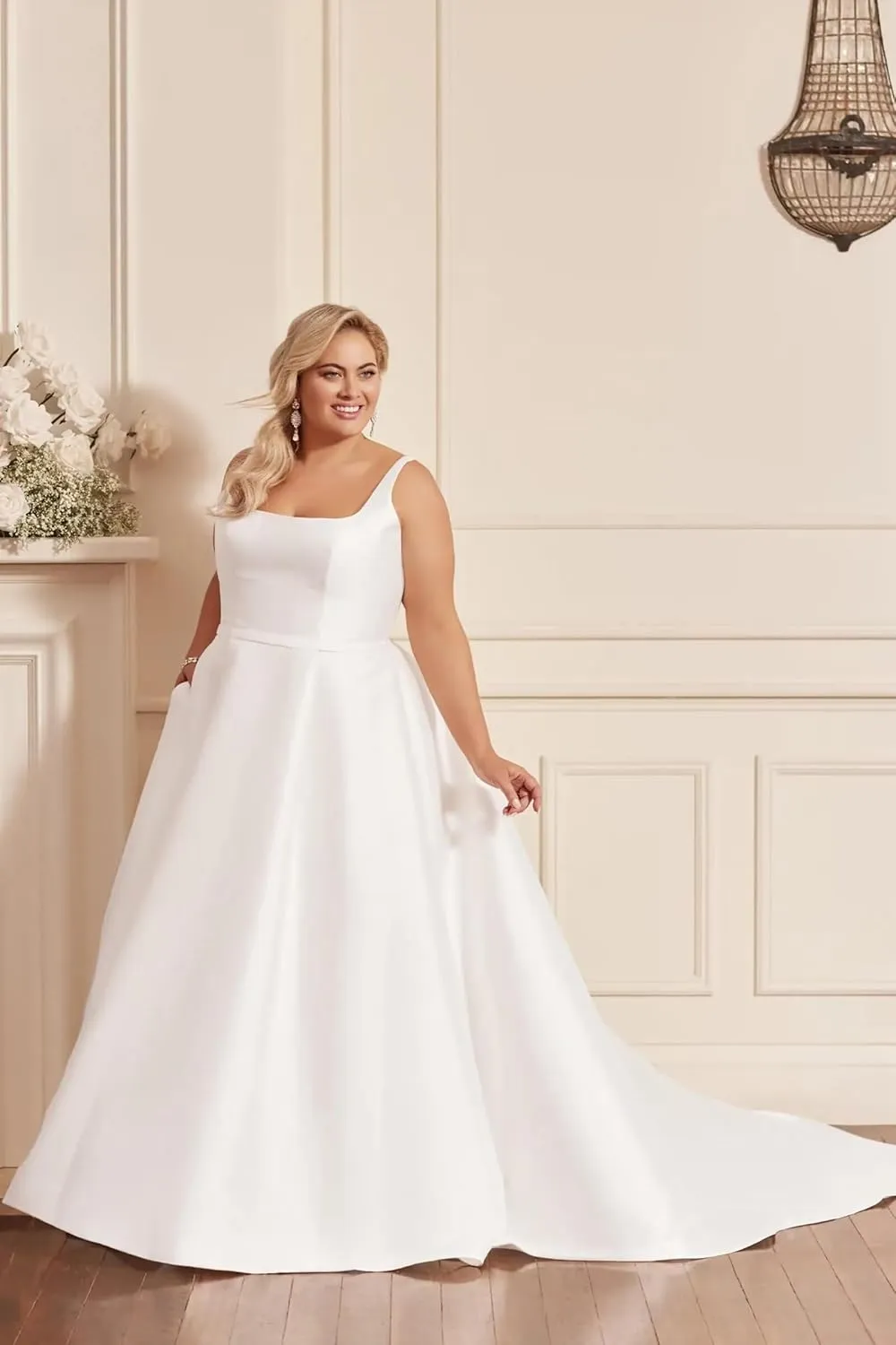 Simple Satin Mermaid Wedding Dresses with Sleeves Square Neck Long A Line Bridal Gown for Bride