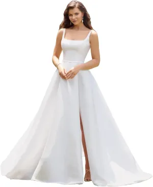 Simple Satin Mermaid Wedding Dresses with Sleeves Square Neck Long A Line Bridal Gown for Bride
