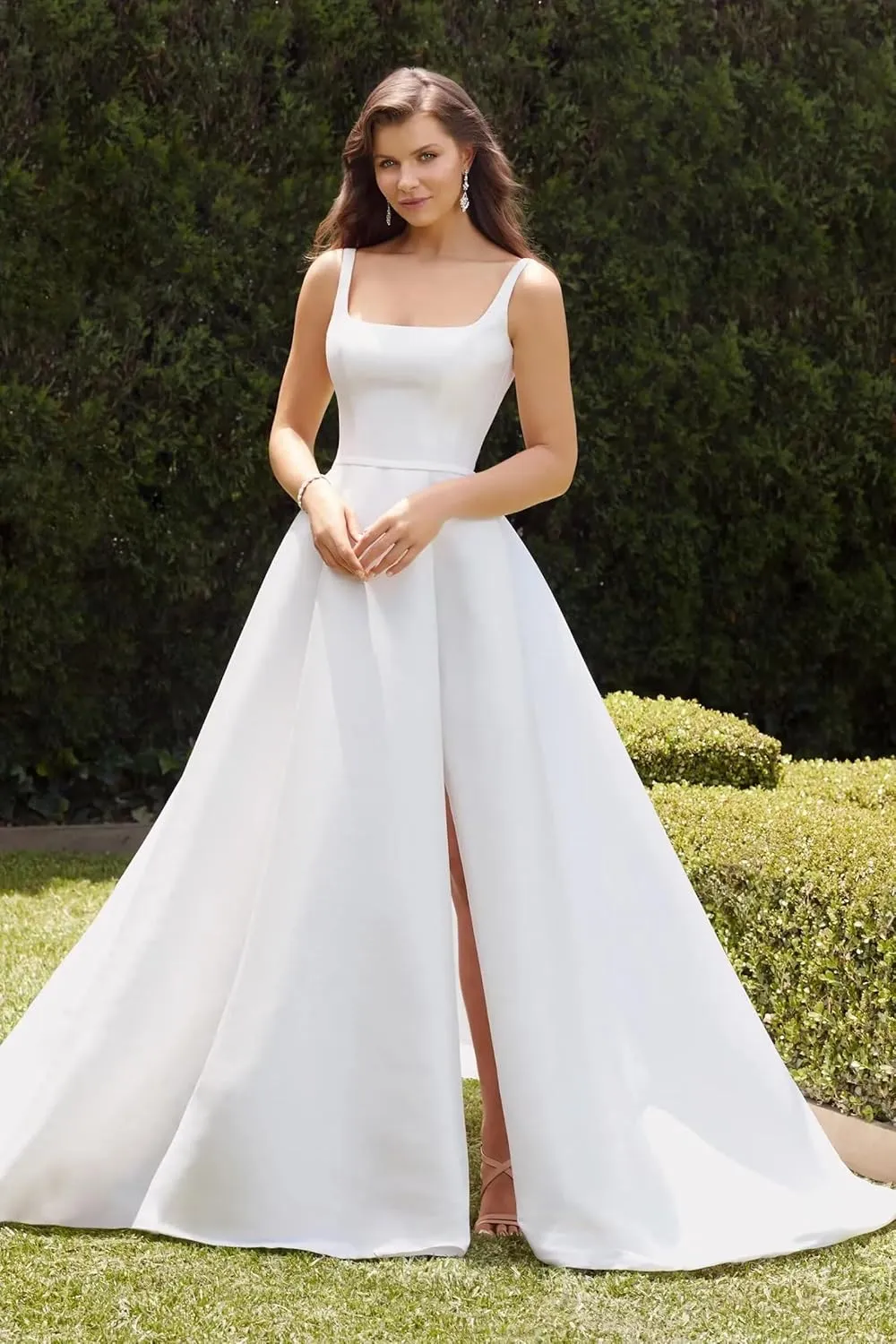 Simple Satin Mermaid Wedding Dresses with Sleeves Square Neck Long A Line Bridal Gown for Bride