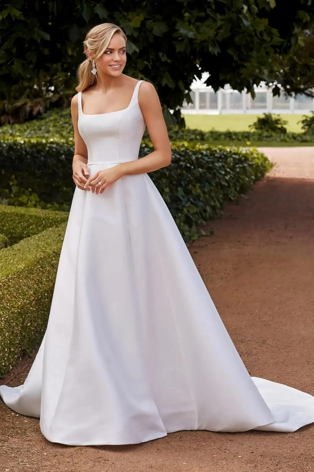 Simple Satin Mermaid Wedding Dresses with Sleeves Square Neck Long A Line Bridal Gown for Bride