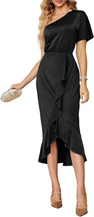 Simplee Women's Sexy One Shoulder Midi Cocktail Dress Fall Formal High Low Ruffle Elegant Party Dress for Wedding Guest (Black Large)