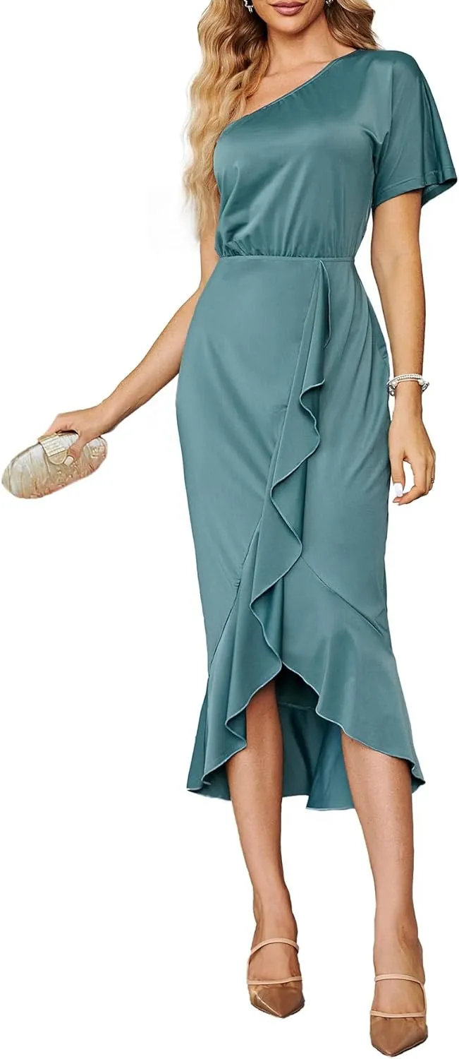 Simplee Women's Sexy One Shoulder Midi Cocktail Dress Fall Formal High Low Ruffle Elegant Party Dress for Wedding Guest (Dusty Blue Large)