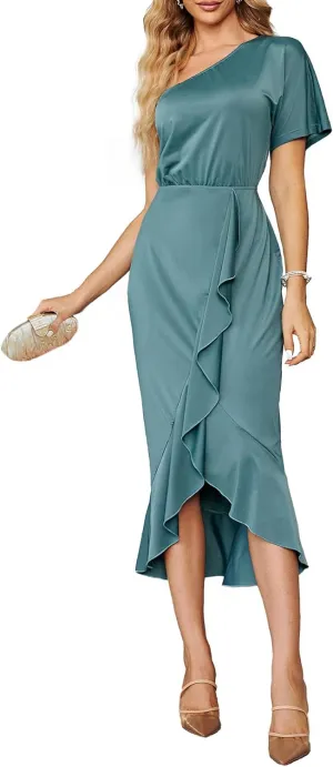 Simplee Women's Sexy One Shoulder Midi Cocktail Dress Fall Formal High Low Ruffle Elegant Party Dress for Wedding Guest (Dusty Blue Large)