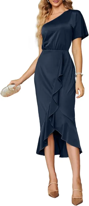 Simplee Women's Sexy One Shoulder Midi Cocktail Dress Fall Formal High Low Ruffle Elegant Party Dress for Wedding Guest (Navy Blue Large)