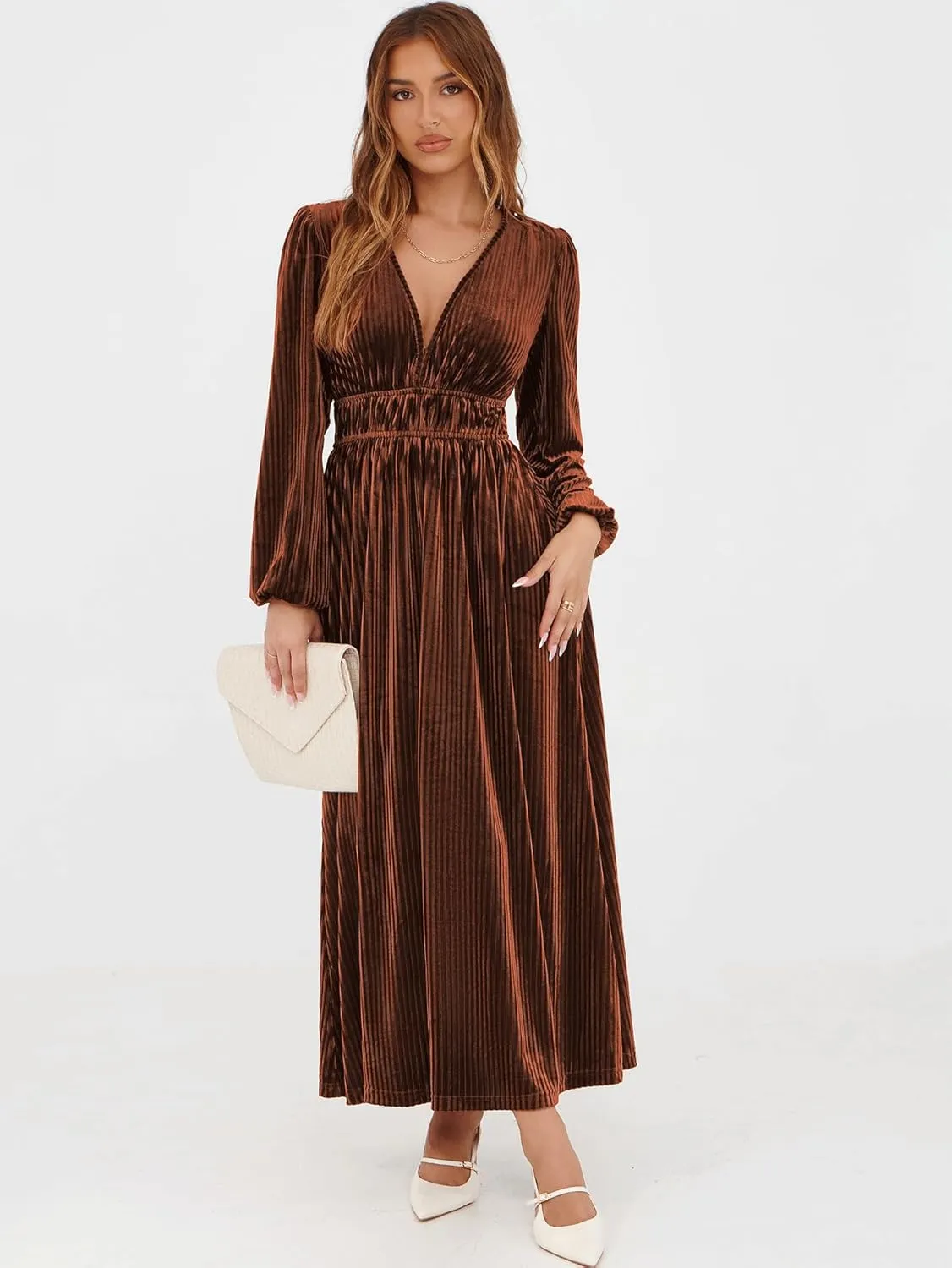Sissyaki Women's Long Sleeve Velvet Dresses Fall Winter Long Dress Wedding Guest Party Maxi Dress