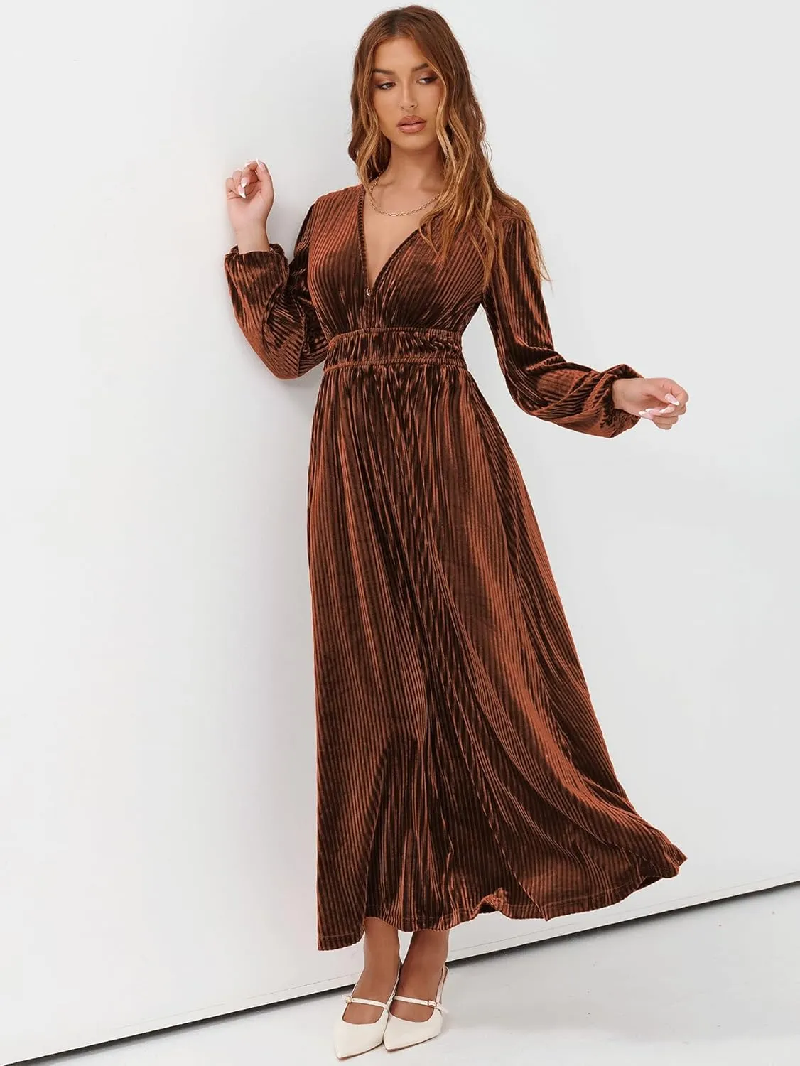 Sissyaki Women's Long Sleeve Velvet Dresses Fall Winter Long Dress Wedding Guest Party Maxi Dress