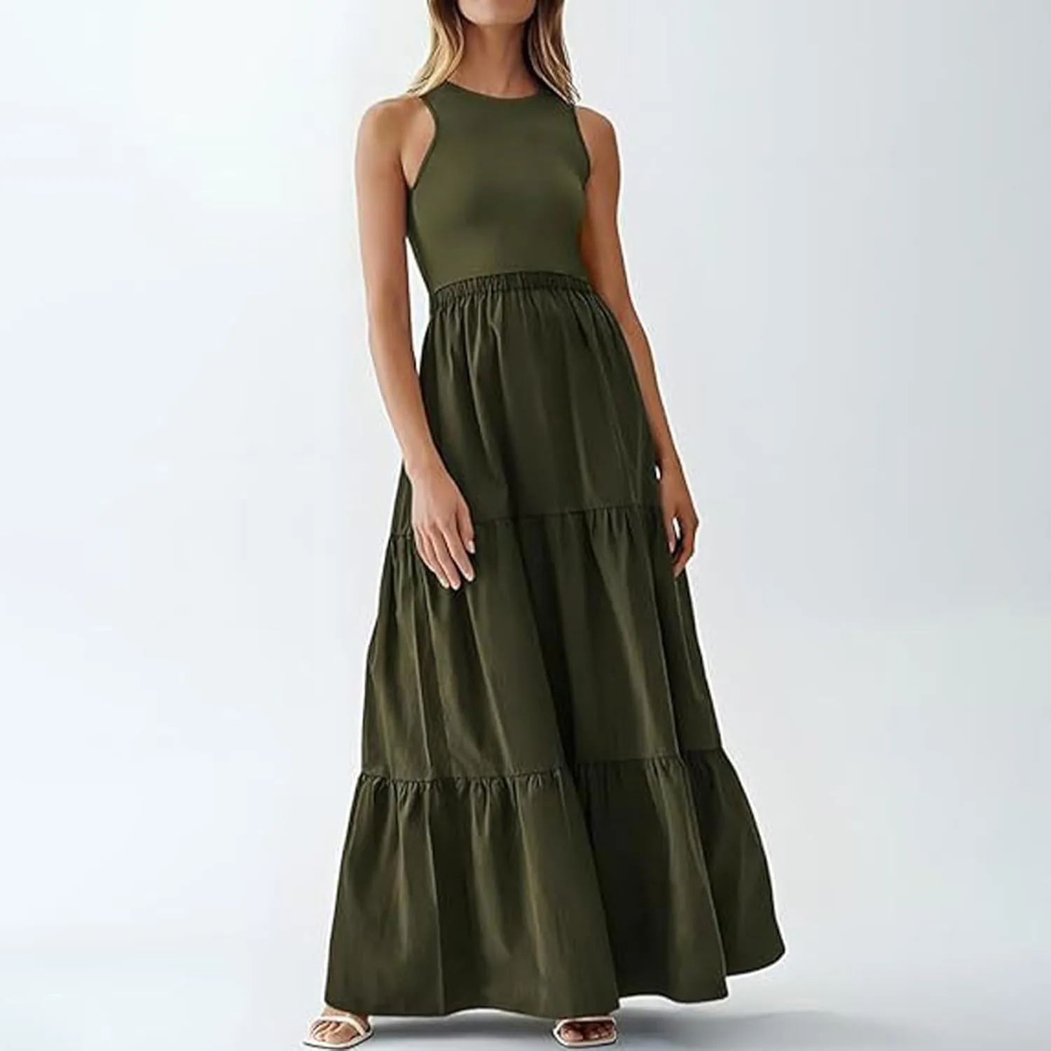 Skirts for Women Summer Patchwork Stripe Pleated Dress Round Neck Sleeveless A-line Skirt Party Wedding Maxi