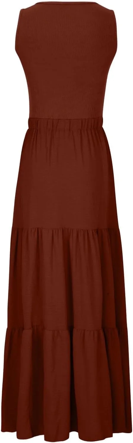 Skirts for Women Summer Patchwork Stripe Pleated Dress Round Neck Sleeveless A-line Skirt Party Wedding Maxi