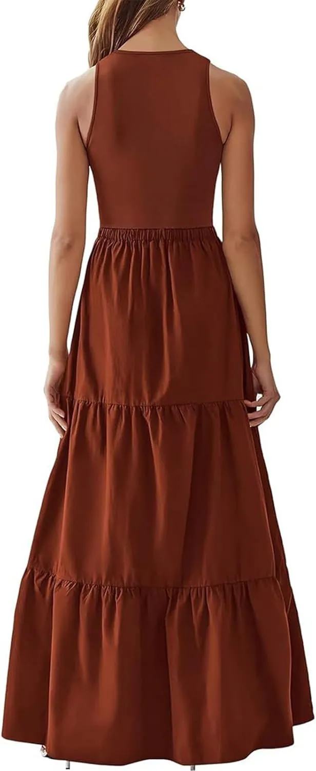 Skirts for Women Summer Patchwork Stripe Pleated Dress Round Neck Sleeveless A-line Skirt Party Wedding Maxi