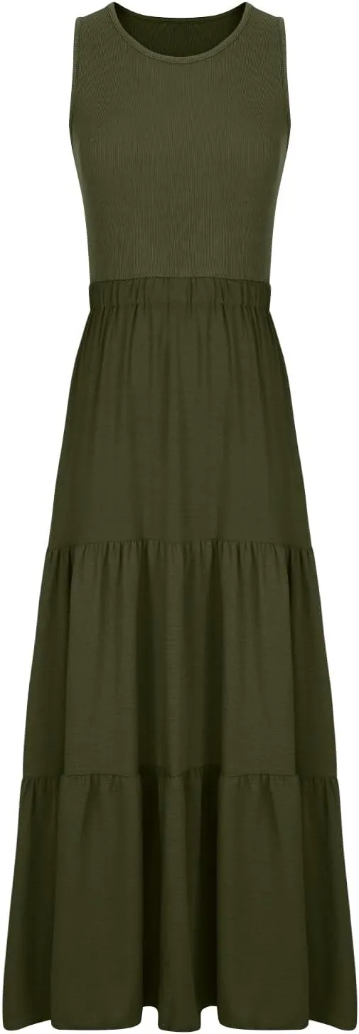 Skirts for Women Summer Patchwork Stripe Pleated Dress Round Neck Sleeveless A-line Skirt Party Wedding Maxi