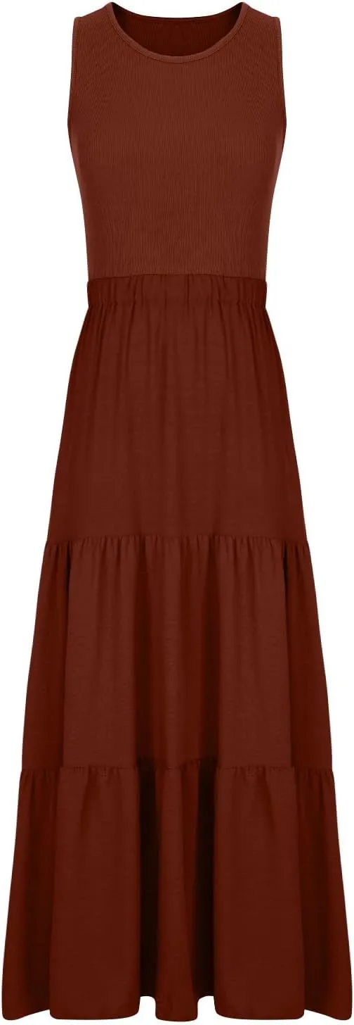 Skirts for Women Summer Patchwork Stripe Pleated Dress Round Neck Sleeveless A-line Skirt Party Wedding Maxi