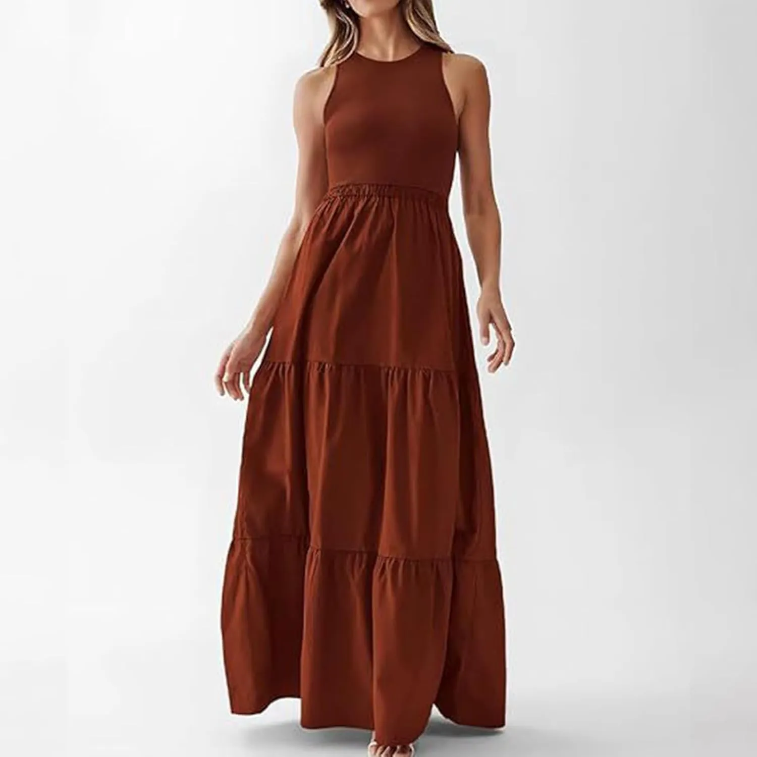 Skirts for Women Summer Patchwork Stripe Pleated Dress Round Neck Sleeveless A-line Skirt Party Wedding Maxi