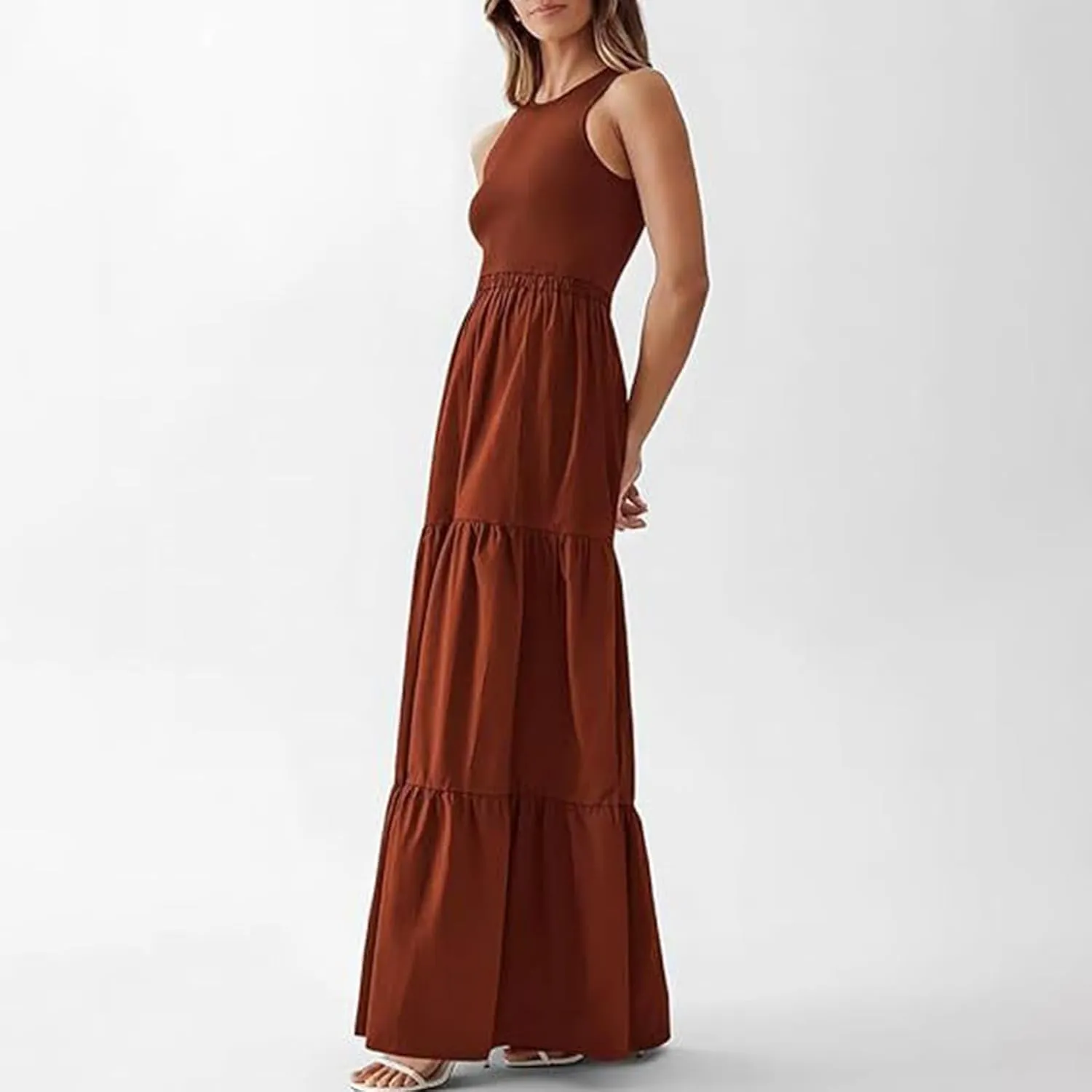 Skirts for Women Summer Patchwork Stripe Pleated Dress Round Neck Sleeveless A-line Skirt Party Wedding Maxi