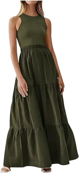 Skirts for Women Summer Patchwork Stripe Pleated Dress Round Neck Sleeveless A-line Skirt Party Wedding Maxi