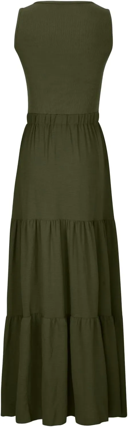 Skirts for Women Summer Patchwork Stripe Pleated Dress Round Neck Sleeveless A-line Skirt Party Wedding Maxi