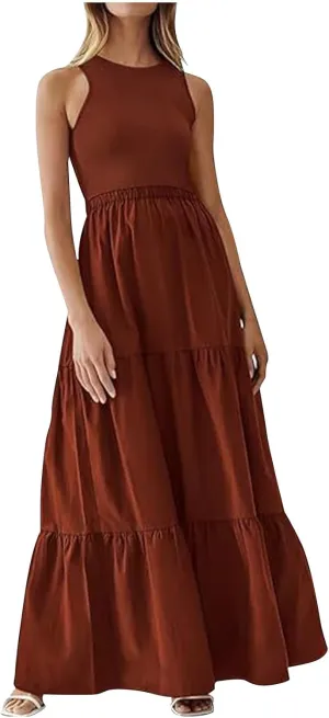 Skirts for Women Summer Patchwork Stripe Pleated Dress Round Neck Sleeveless A-line Skirt Party Wedding Maxi