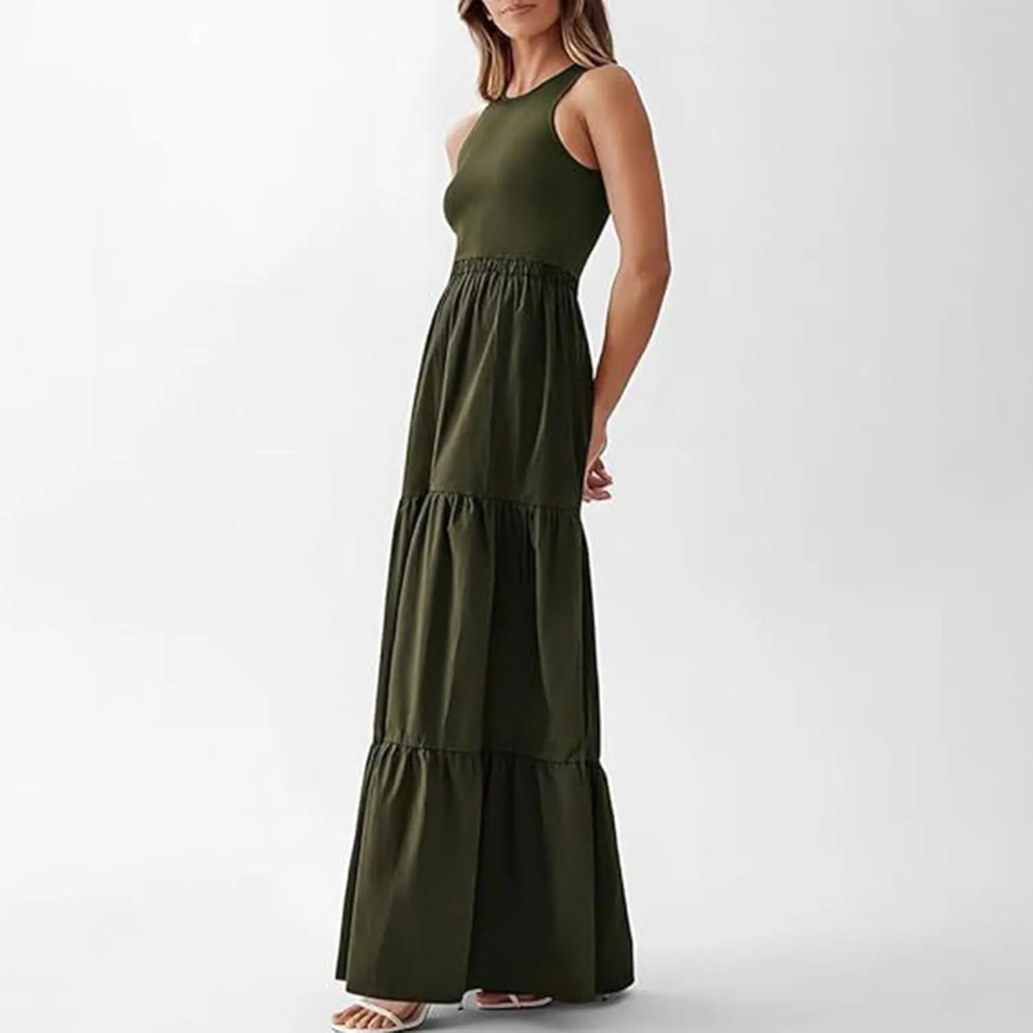 Skirts for Women Summer Patchwork Stripe Pleated Dress Round Neck Sleeveless A-line Skirt Party Wedding Maxi