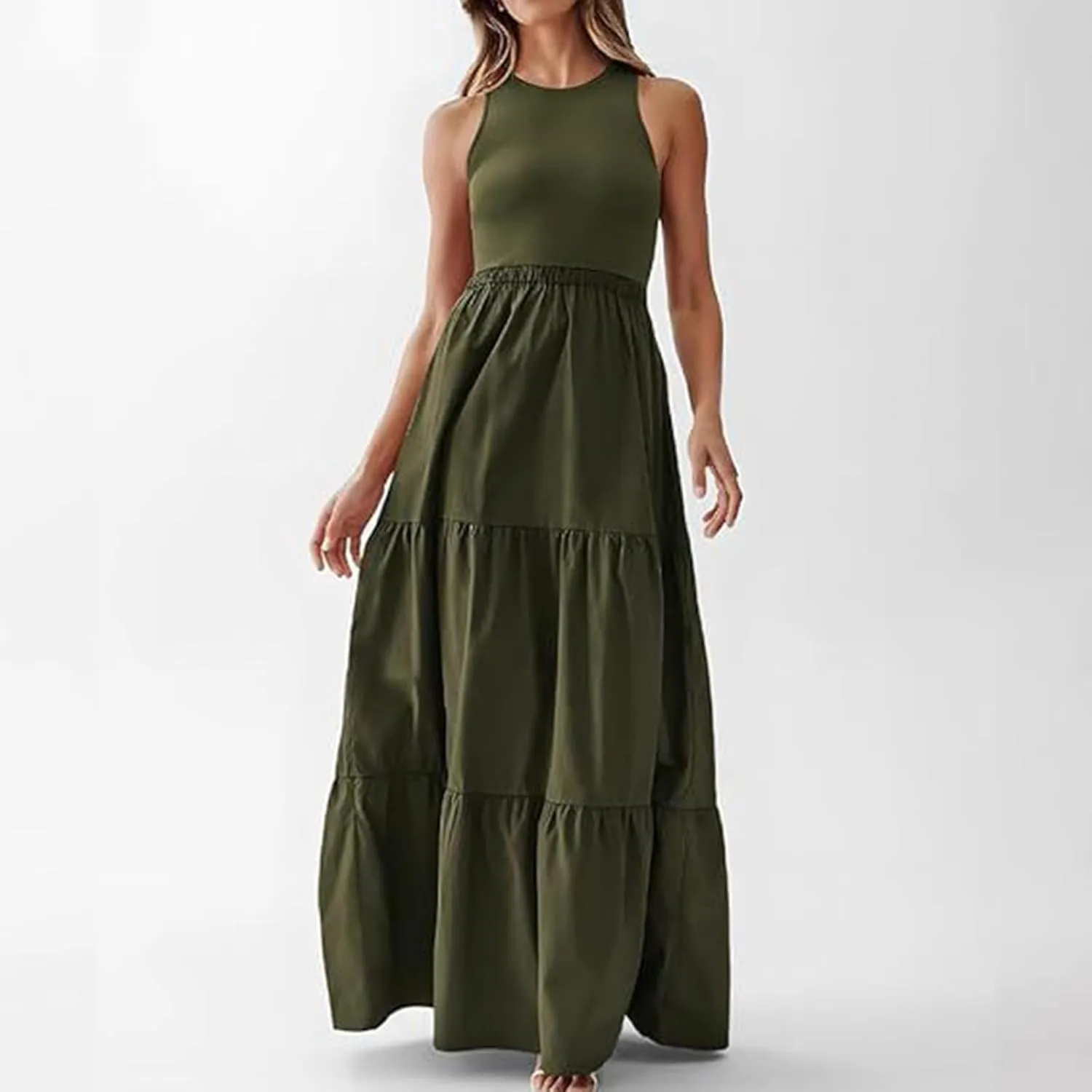 Skirts for Women Summer Patchwork Stripe Pleated Dress Round Neck Sleeveless A-line Skirt Party Wedding Maxi