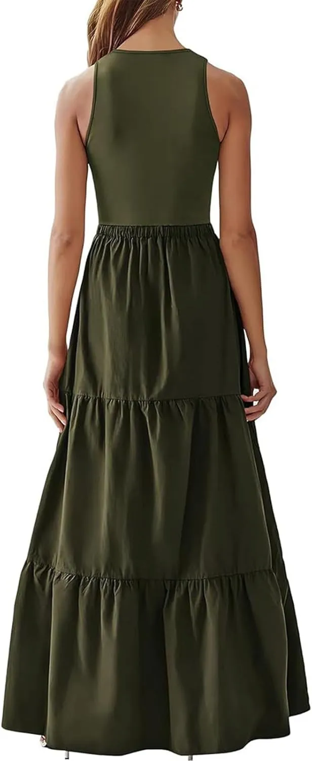 Skirts for Women Summer Patchwork Stripe Pleated Dress Round Neck Sleeveless A-line Skirt Party Wedding Maxi