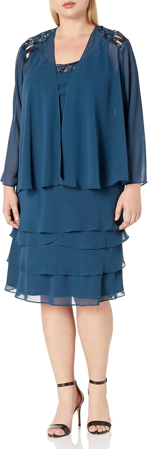 S.L. Fashions Women's Plus-Size Sequin Chiffon Jacket Dress