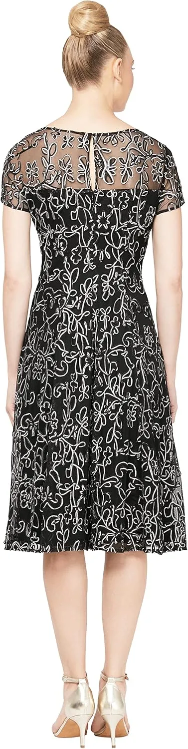 S.L. Fashions Women's Tea Length Cap Sleeve Illusion Neckline Embroidered Lace Dress