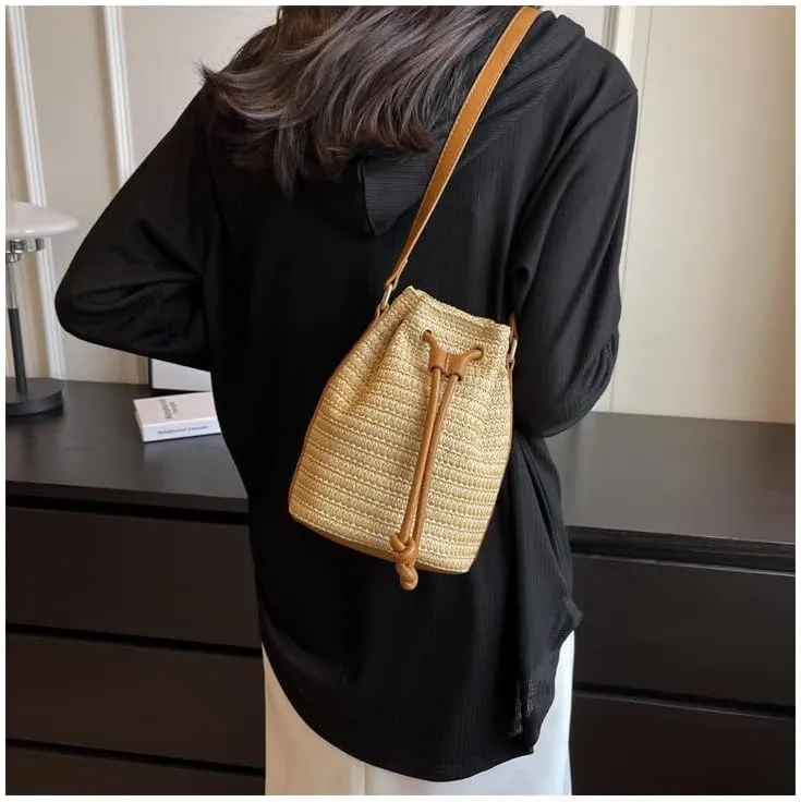 Small Crossbody Purses Women Y2k Beach Crochet Bucket Bags Drawstring Straw Bag Cute Bag