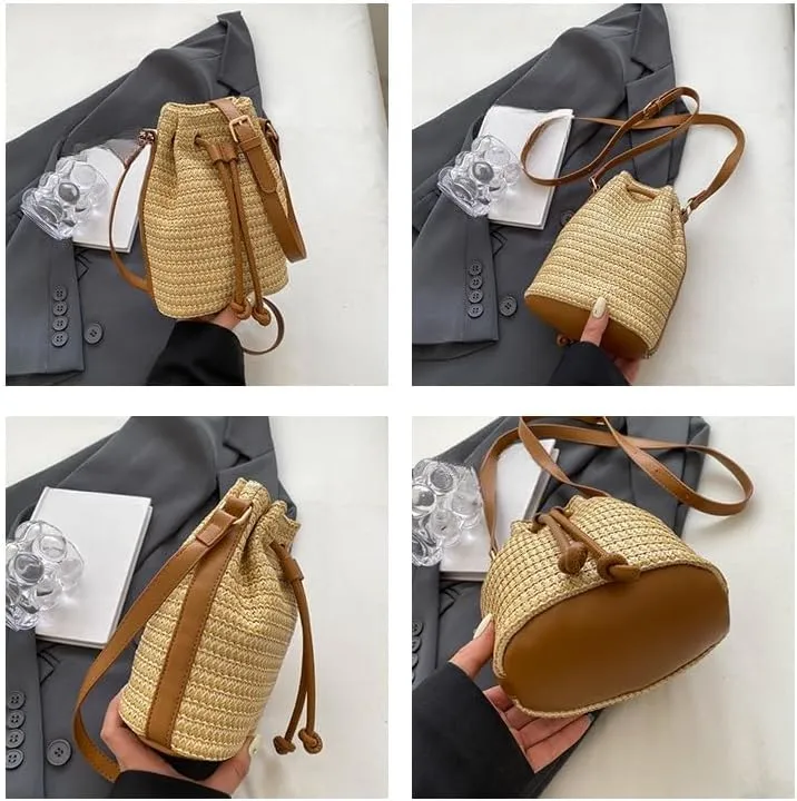 Small Crossbody Purses Women Y2k Beach Crochet Bucket Bags Drawstring Straw Bag Cute Bag