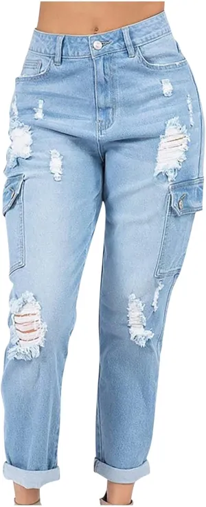 SMIDOW Womens Dressy Casual Bootcut Jeans Folded Hem Ripped Jeans with Multiple Pockets Distressed Jeans Y2K Denim Pants