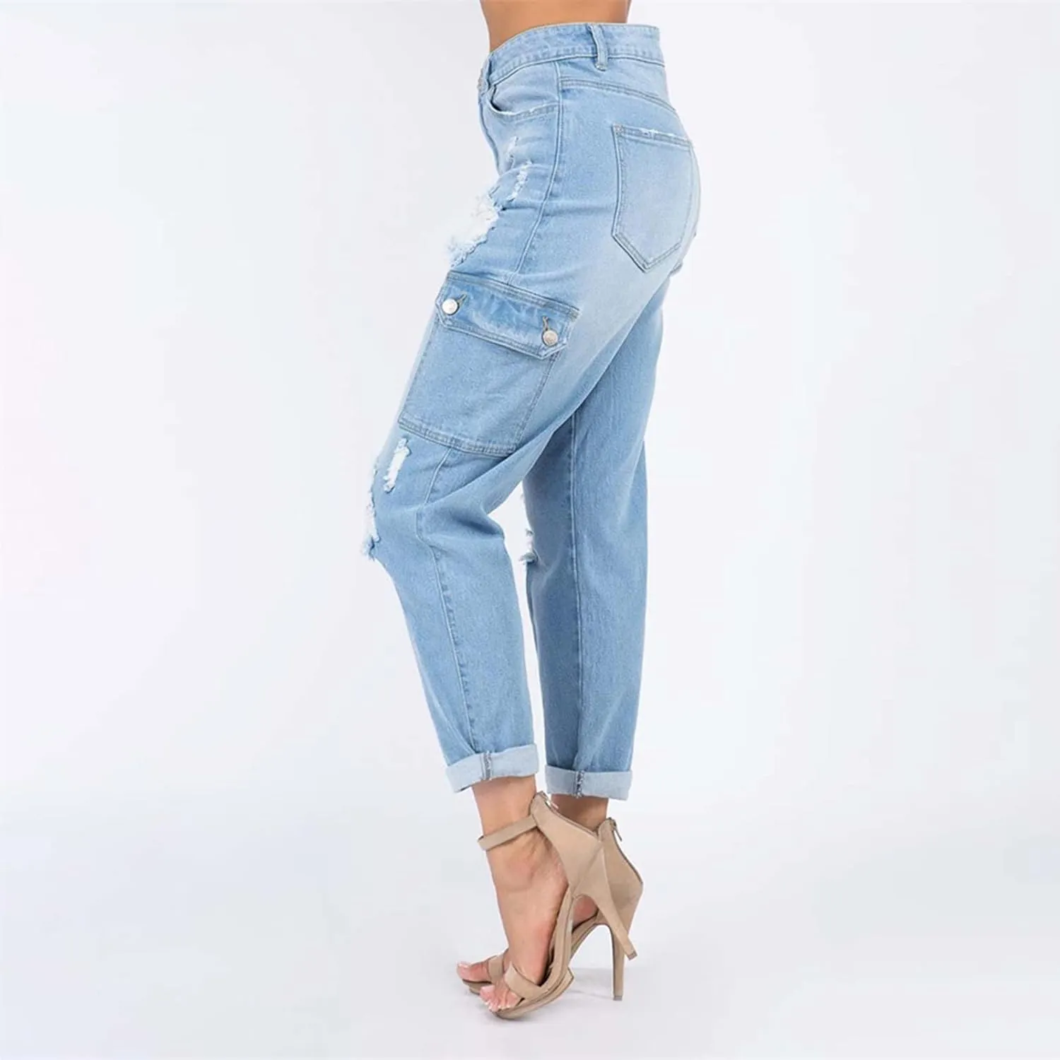 SMIDOW Womens Dressy Casual Bootcut Jeans Folded Hem Ripped Jeans with Multiple Pockets Distressed Jeans Y2K Denim Pants