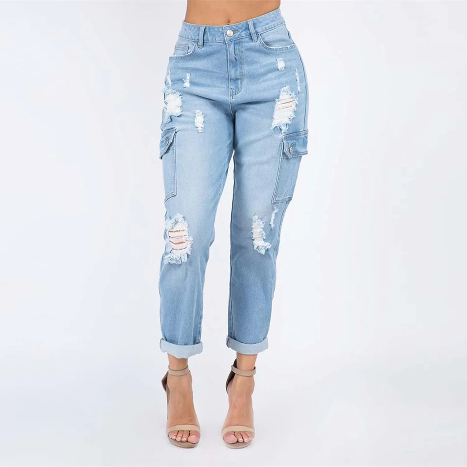 SMIDOW Womens Dressy Casual Bootcut Jeans Folded Hem Ripped Jeans with Multiple Pockets Distressed Jeans Y2K Denim Pants