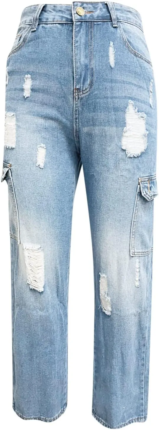 SMIDOW Womens Dressy Casual Bootcut Jeans Folded Hem Ripped Jeans with Multiple Pockets Distressed Jeans Y2K Denim Pants