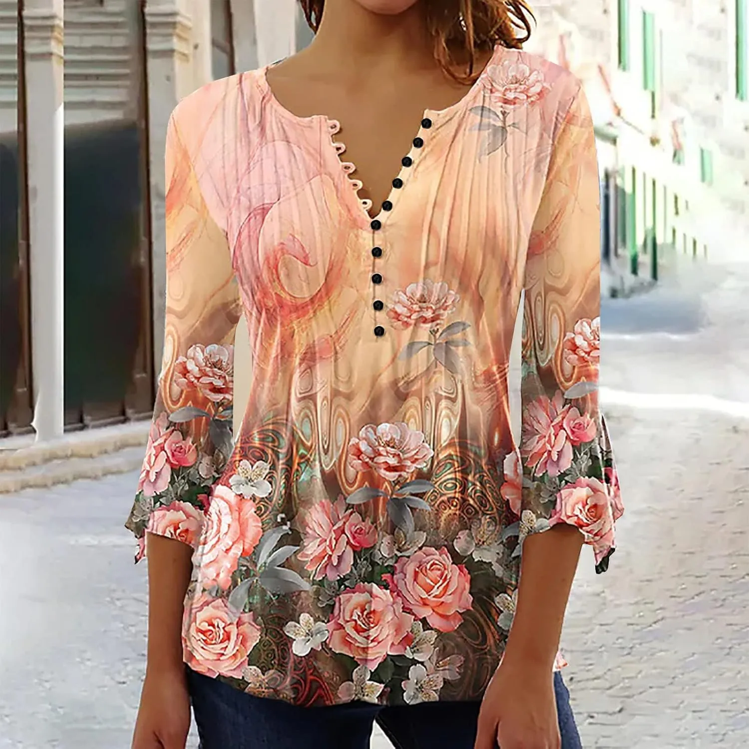 SMIDOW Womens Tunic Tops Trendy Vintage Boho Shirts 3/4 Bell Sleeve Notch v Neck t-Shirt 2023 Casual Blouses Empire Waist