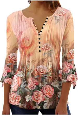 SMIDOW Womens Tunic Tops Trendy Vintage Boho Shirts 3/4 Bell Sleeve Notch v Neck t-Shirt 2023 Casual Blouses Empire Waist