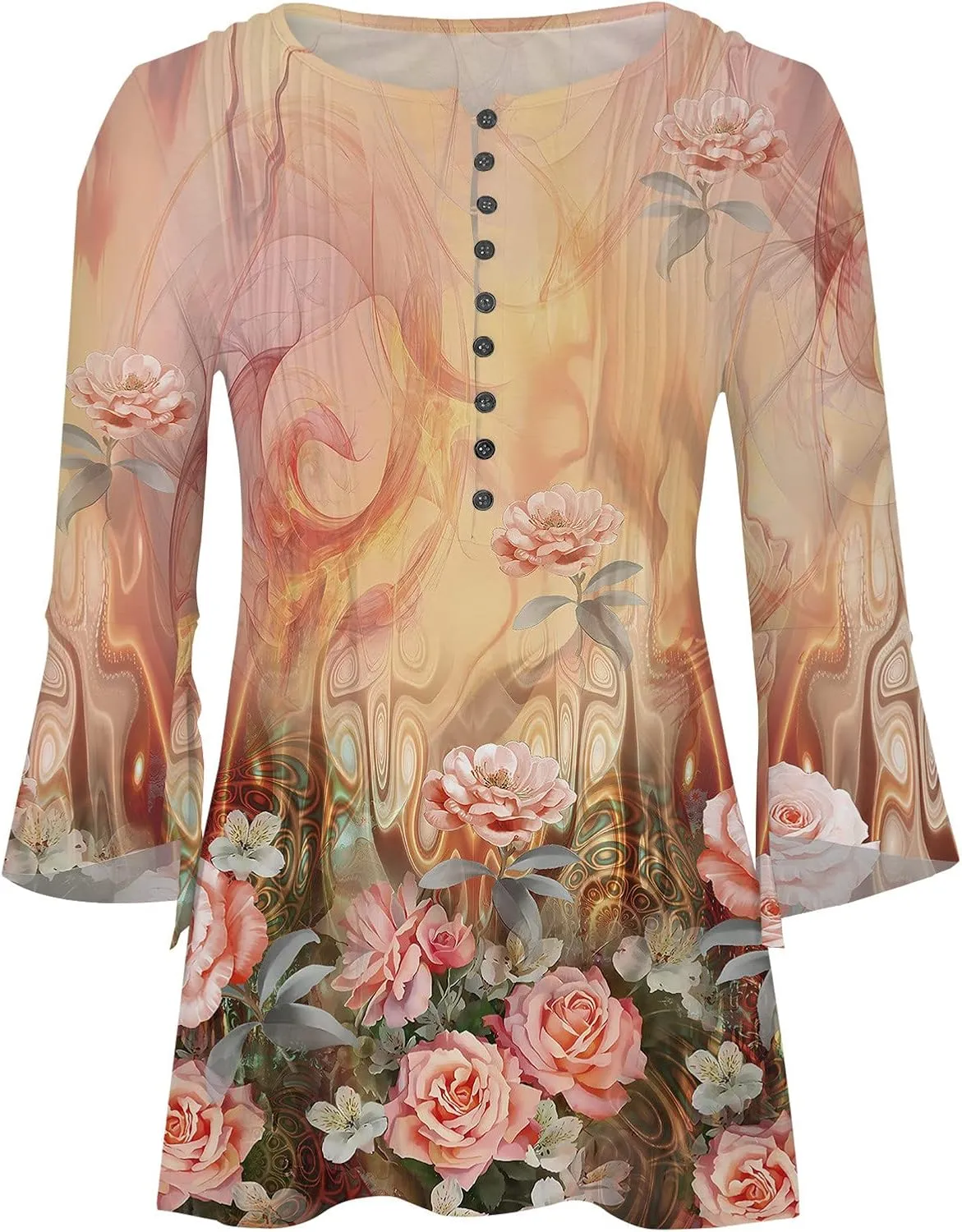 SMIDOW Womens Tunic Tops Trendy Vintage Boho Shirts 3/4 Bell Sleeve Notch v Neck t-Shirt 2023 Casual Blouses Empire Waist