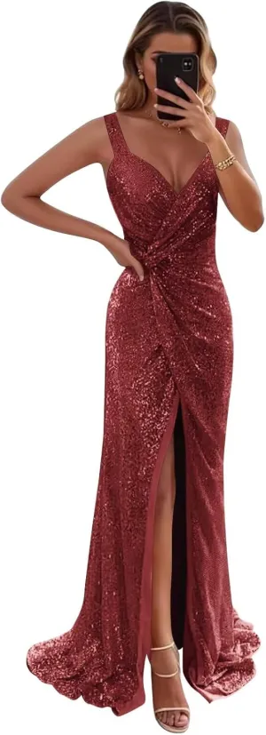 SoDigne Sparkly Sequin Long Prom Dresses for Women V Neck Backless Mermaid Maxi Formal Evening Gowns with Slit