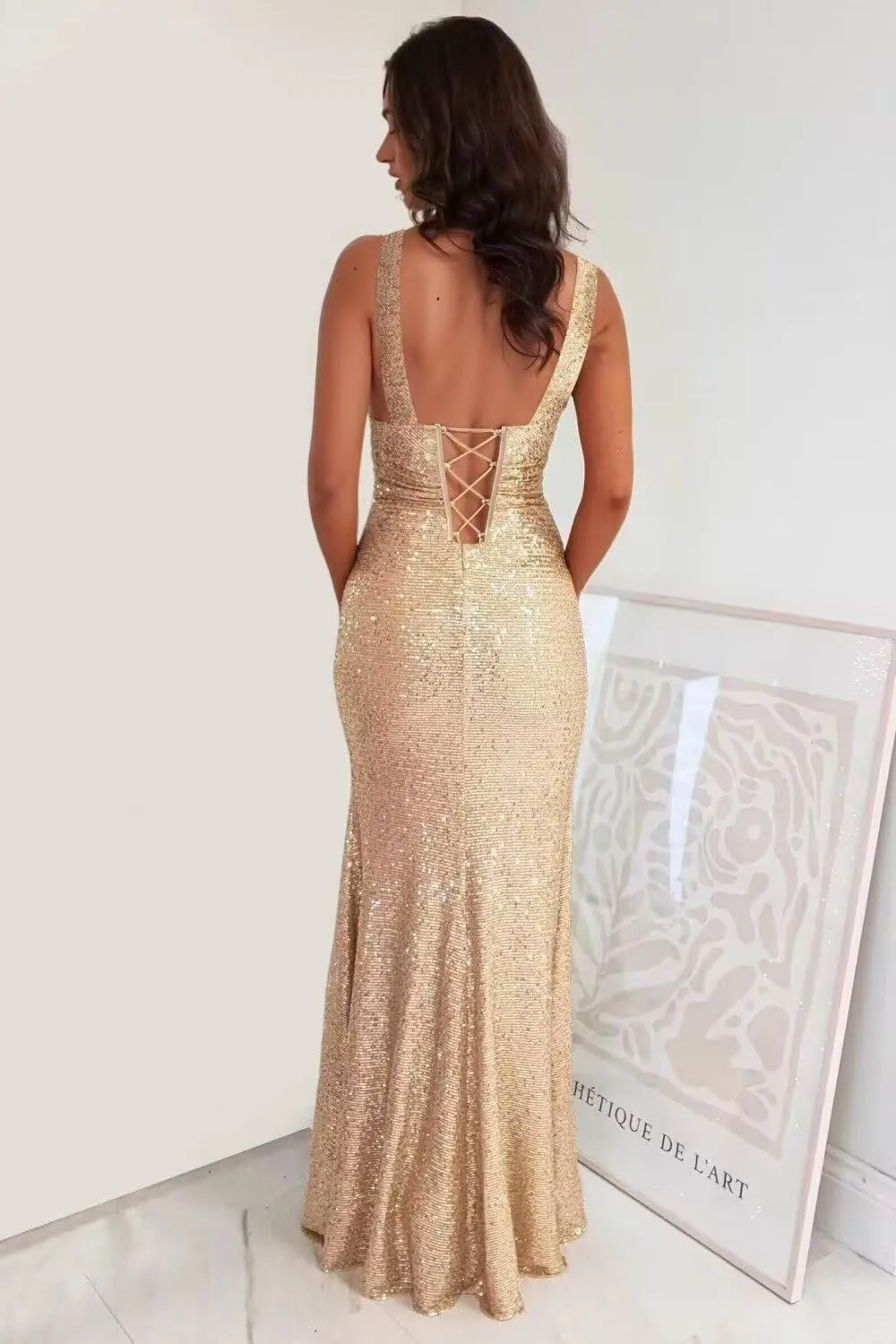 SoDigne Sparkly Sequin Long Prom Dresses for Women V Neck Backless Mermaid Maxi Formal Evening Gowns with Slit