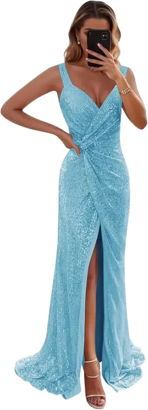 SoDigne Sparkly Sequin Long Prom Dresses for Women V Neck Backless Mermaid Maxi Formal Evening Gowns with Slit