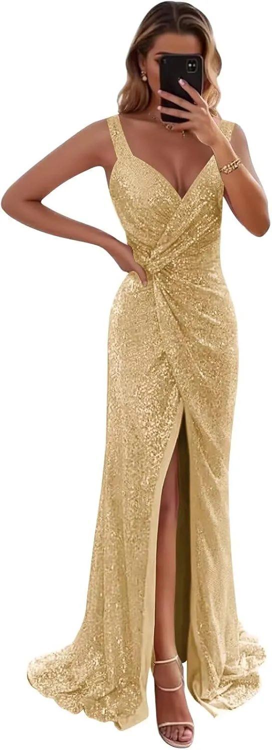 SoDigne Sparkly Sequin Long Prom Dresses for Women V Neck Backless Mermaid Maxi Formal Evening Gowns with Slit
