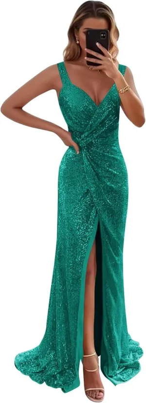 SoDigne Sparkly Sequin Long Prom Dresses for Women V Neck Backless Mermaid Maxi Formal Evening Gowns with Slit