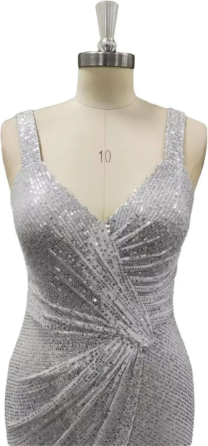 SoDigne Sparkly Sequin Long Prom Dresses for Women V Neck Backless Mermaid Maxi Formal Evening Gowns with Slit