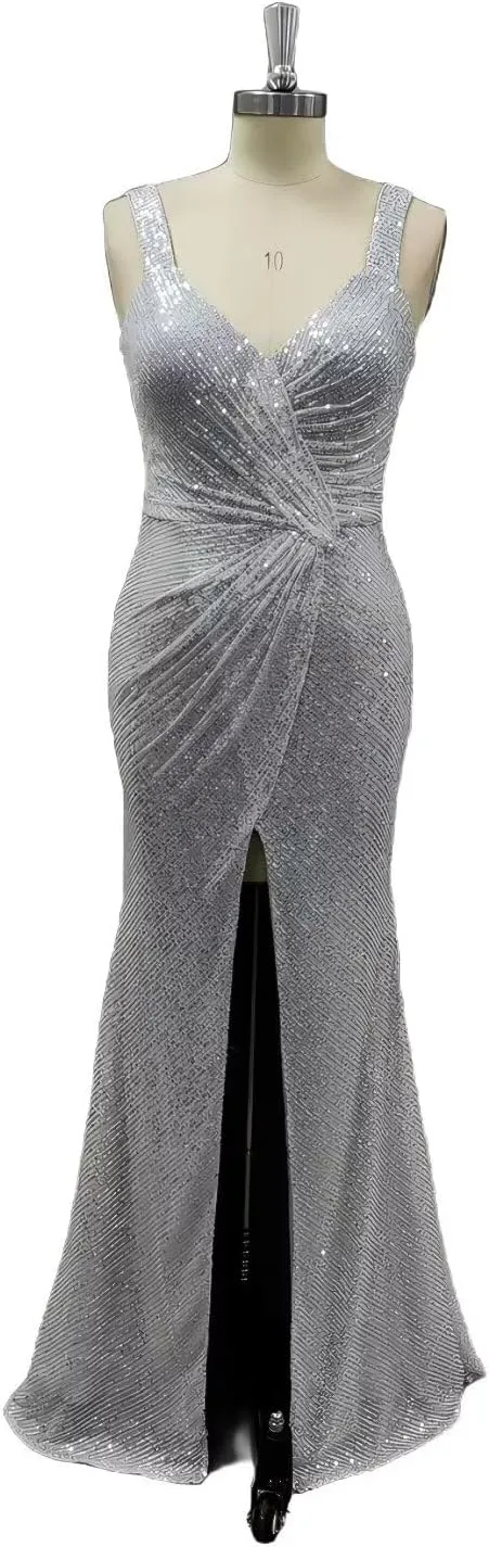 SoDigne Sparkly Sequin Long Prom Dresses for Women V Neck Backless Mermaid Maxi Formal Evening Gowns with Slit
