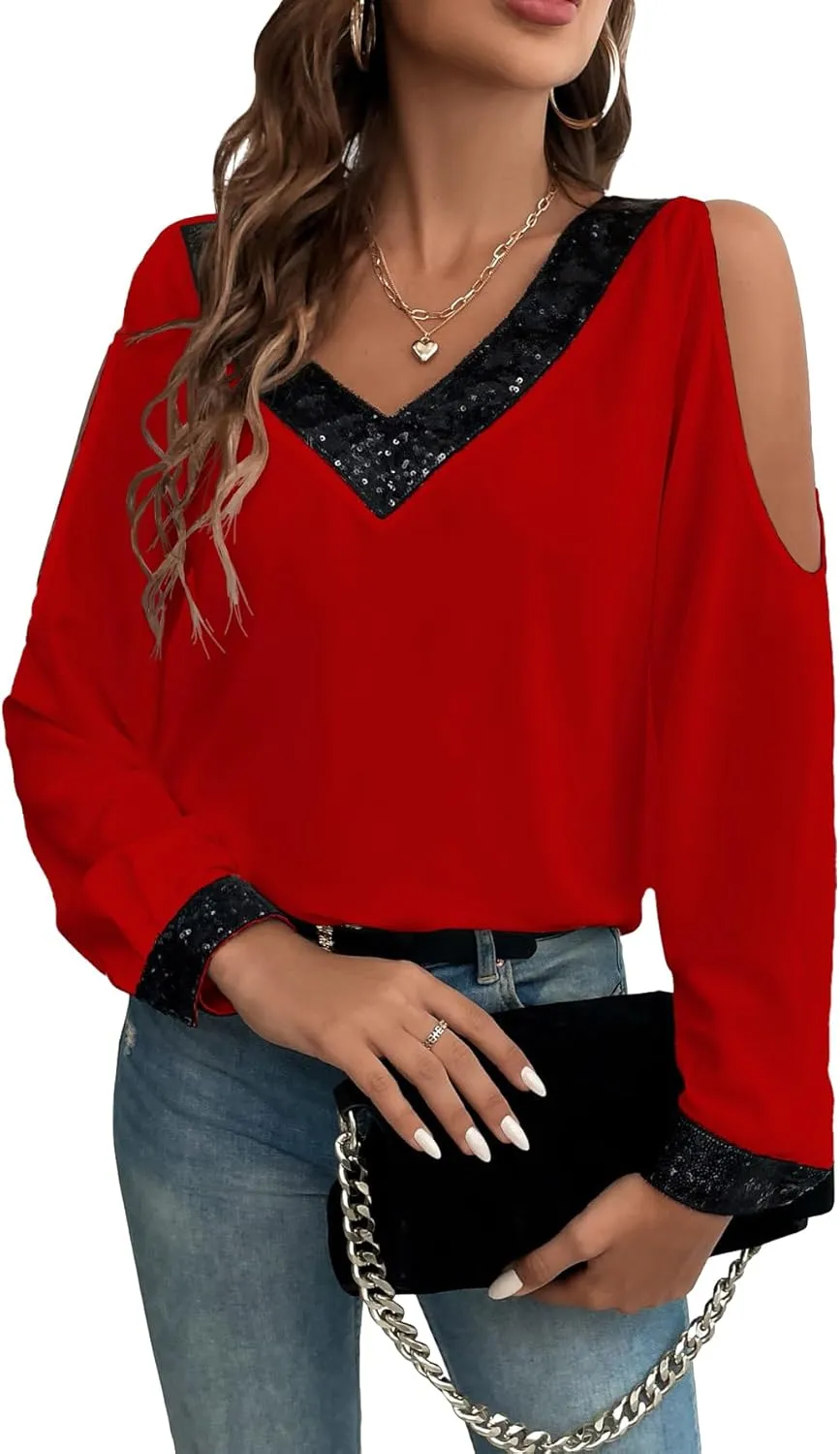 SOLY HUX Women's Contrast Sequin Blouse V Neck Cold Shoulder Long Sleeve Blouse Tops