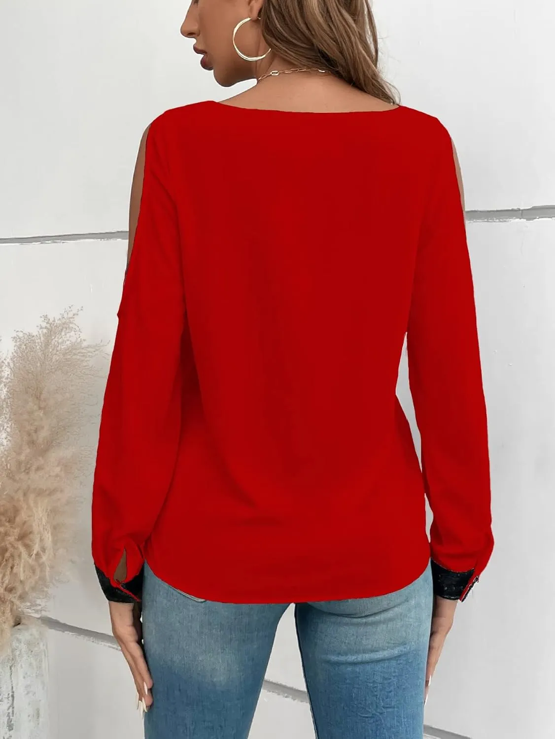 SOLY HUX Women's Contrast Sequin Blouse V Neck Cold Shoulder Long Sleeve Blouse Tops