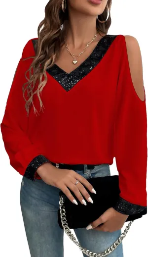 SOLY HUX Women's Contrast Sequin Blouse V Neck Cold Shoulder Long Sleeve Blouse Tops