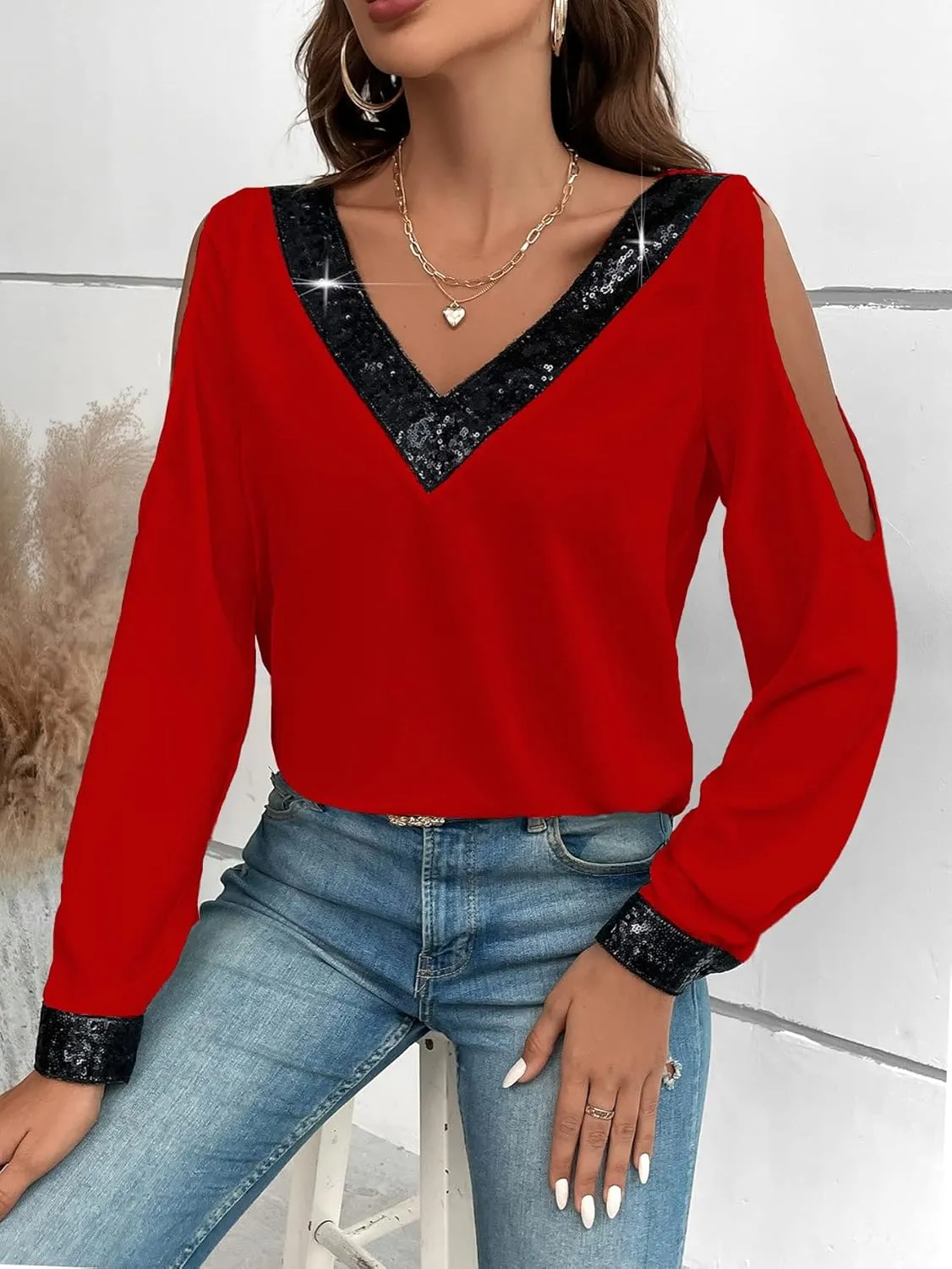SOLY HUX Women's Contrast Sequin Blouse V Neck Cold Shoulder Long Sleeve Blouse Tops