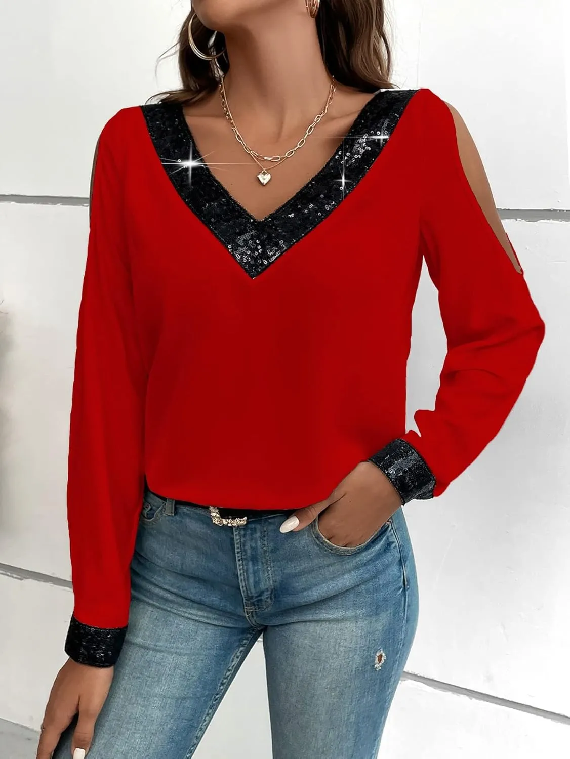 SOLY HUX Women's Contrast Sequin Blouse V Neck Cold Shoulder Long Sleeve Blouse Tops
