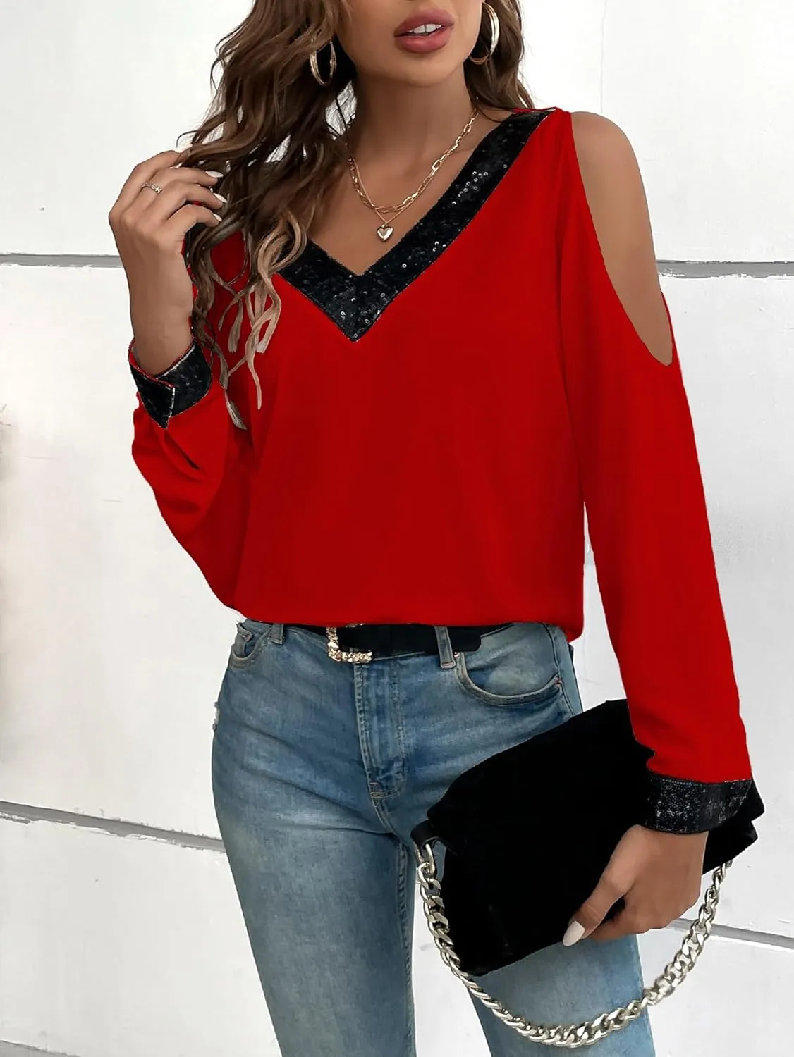 SOLY HUX Women's Contrast Sequin Blouse V Neck Cold Shoulder Long Sleeve Blouse Tops