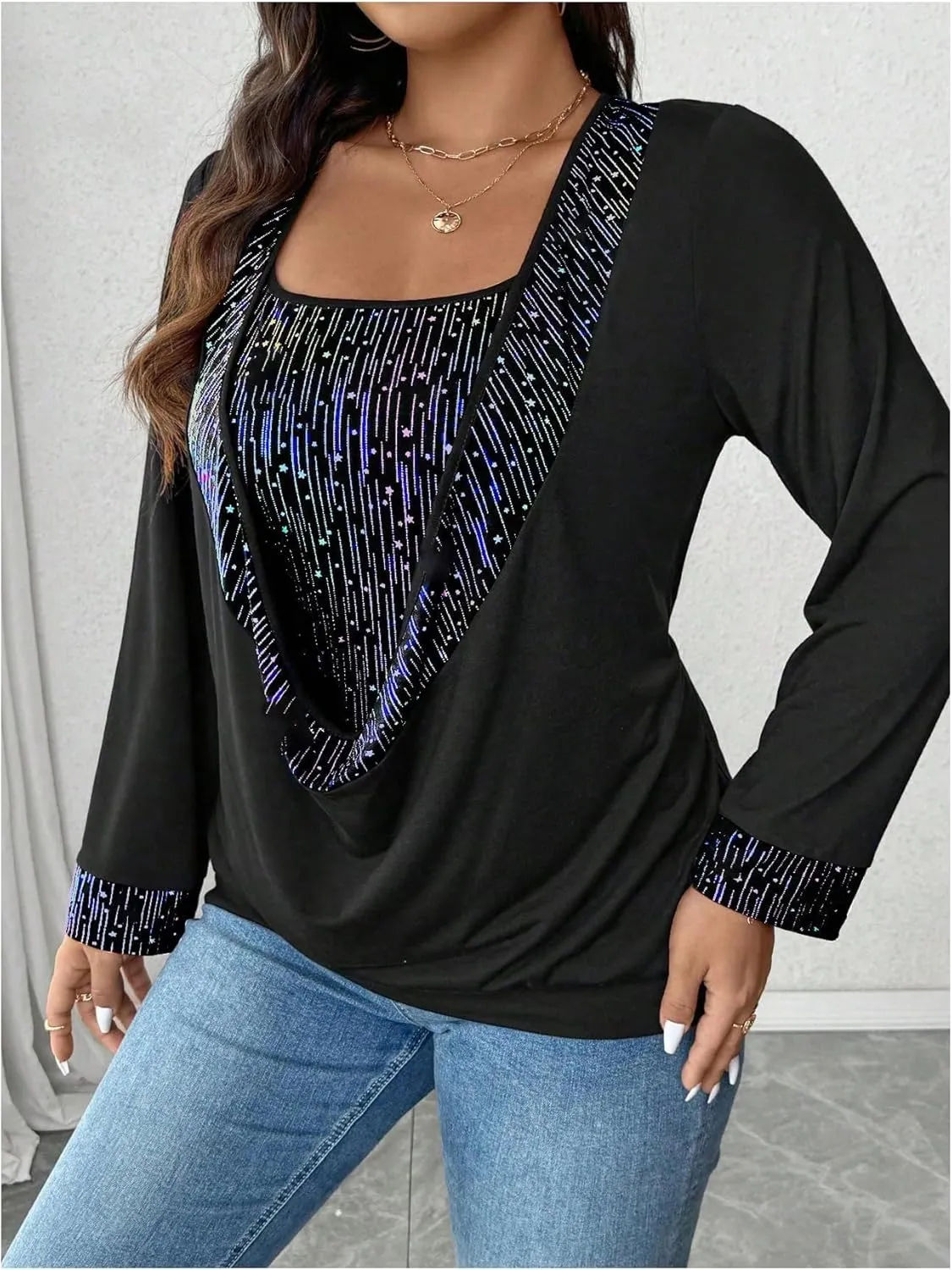 SOLY HUX Women's Plus Size T Shirts Sequin Glitter Long Sleeve Draped Square Neck Tee 2 in 1 Tops