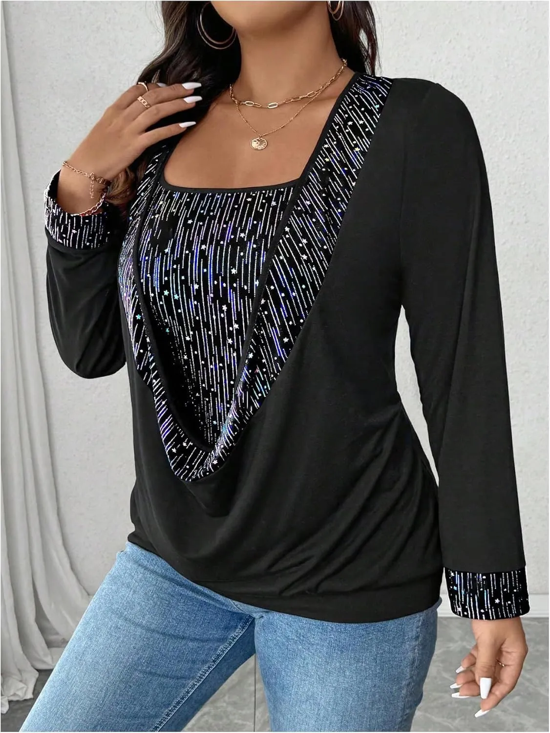 SOLY HUX Women's Plus Size T Shirts Sequin Glitter Long Sleeve Draped Square Neck Tee 2 in 1 Tops